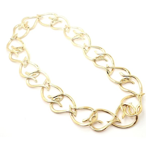 Authentic! Vintage Tiffany & Co 18k Yellow Gold Open Heart Leaf Link Necklace - Picture 9 of 11